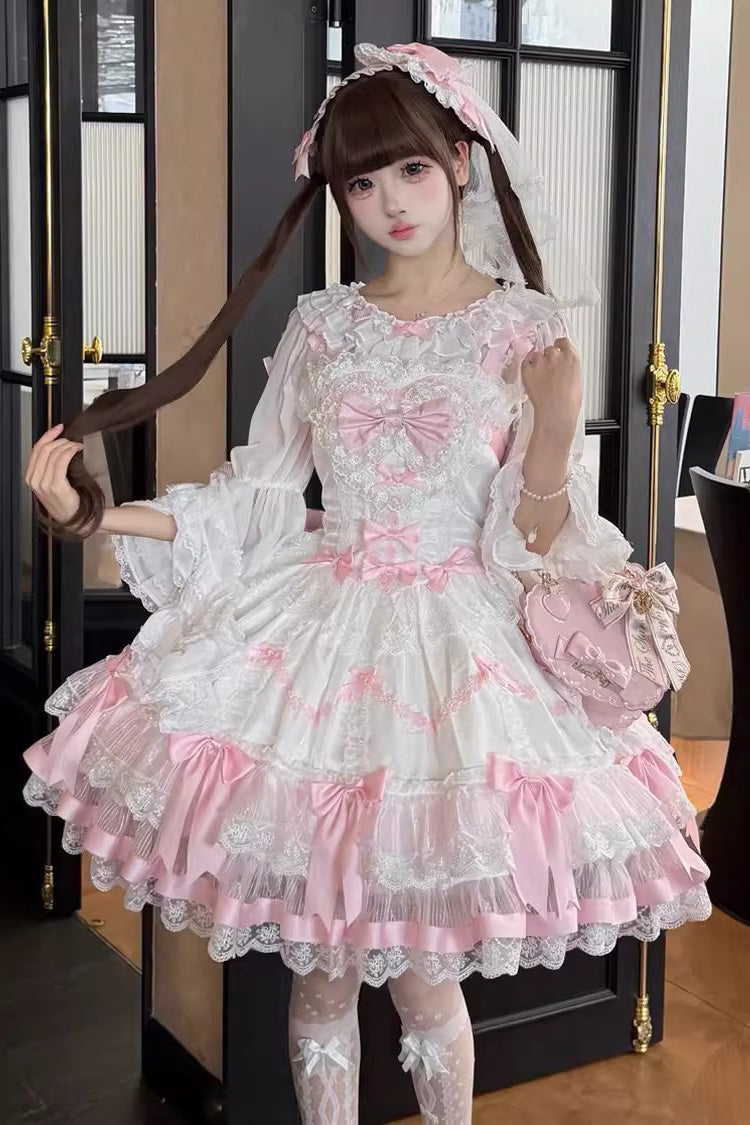 Pink/White [Scarlet Heart Cocoa] Sleeveless Triple-Layered Ruffle Embroidery Bowknot Lace Sweet Lolita Jsk Dress