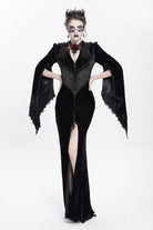 Black V Collar Long Trumpet Sleeves Floral Embroidered Velvet Women's Gothic Dress