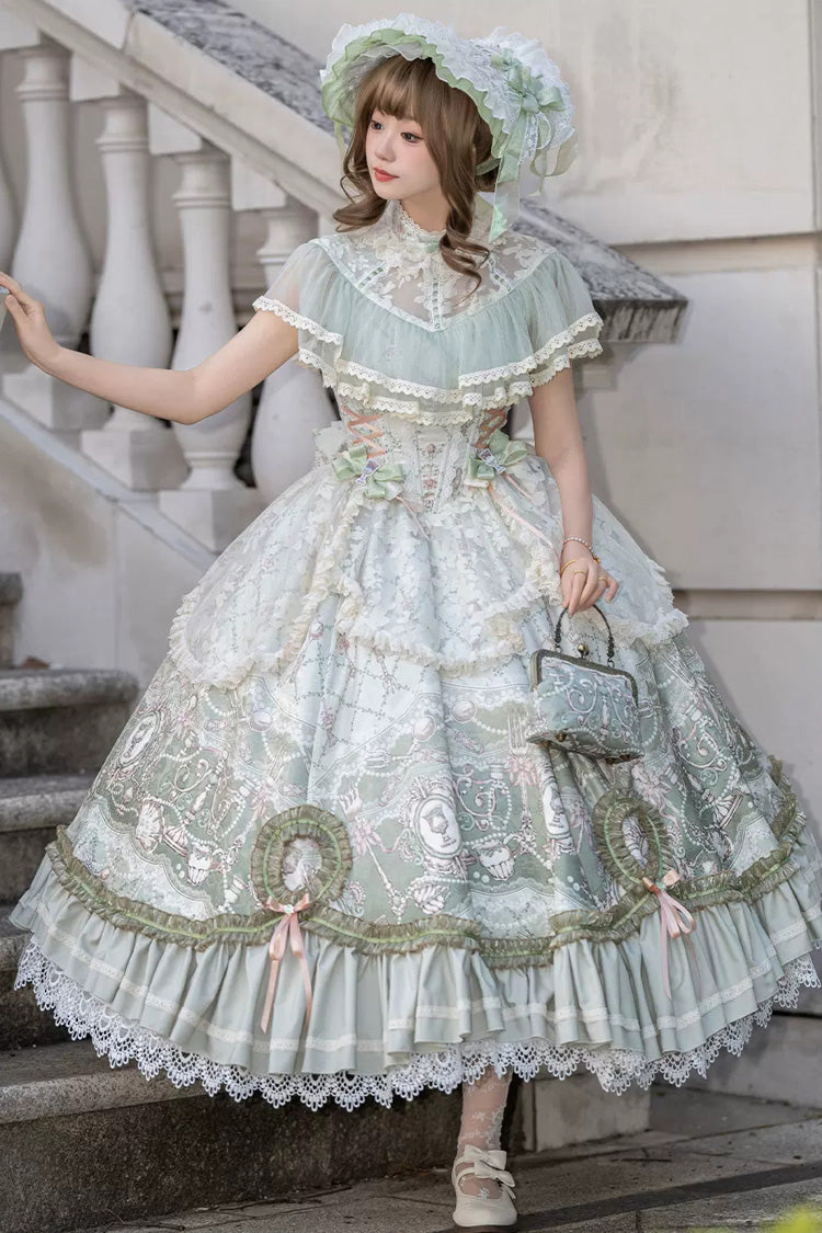 Spring Green [Cloudborne Prelude] Edwardian Collar Jacquard Printed Ruffled Bow Lace Fishbone Sweet Classic Lolita Dress