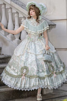 Spring Green [Cloudborne Prelude] Edwardian Collar Jacquard Printed Ruffled Bow Lace Fishbone Sweet Classic Lolita Dress