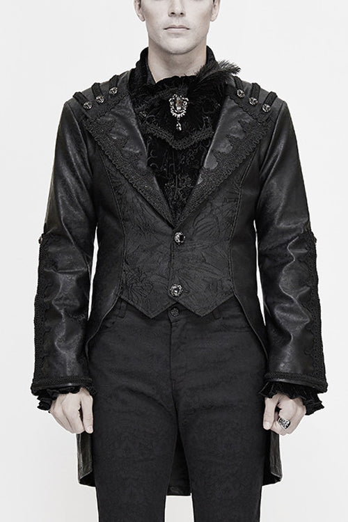 Black V Collar Wide Sleeves Swallowtail Fitted Leather Mens Gothic Coat