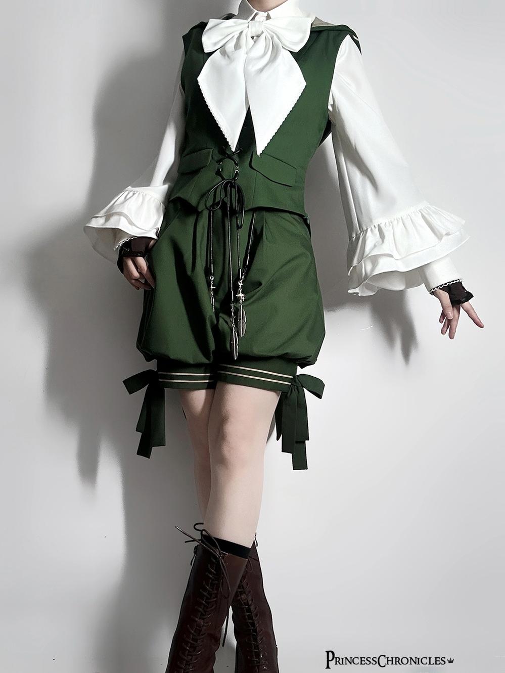 Bunny Feather - Ouji Lolita Shorts Set with Hooded Vest with Bunny Ear