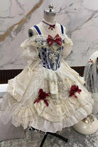 Blue/Ivory Snow White Off Shoulder Ruffle Cardigan Bowknot Lace Sweet Gorgeous Lolita Dress