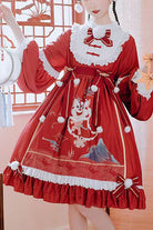 Red Lion Stepping On Hydrangea Print Bowknot Long Sleeves Multi-Layer Ruffled Sweet Lolita OP Dress