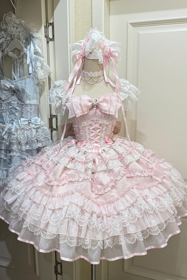 Pink [Eternal Vow] Sleeveless Multi-Layered Ruffle Hanayome Bowknot Lace Lace-Up Sweet Lolita Jsk Dress