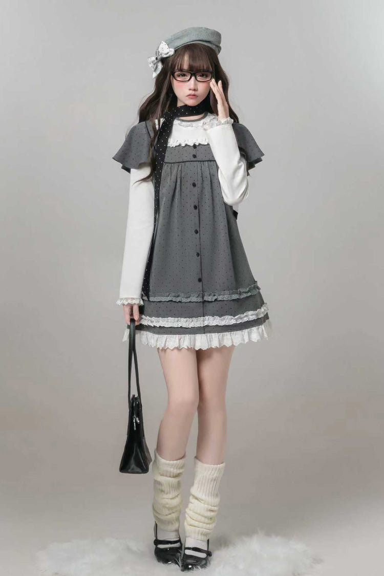 Grey Square Collar Long Sleeves Polka Dot Printed Ruffled Sweet Lolita Dress