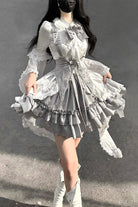 White/Silver [The Silver Key] Long Sleeves Ruffled Embroidered Open-Front Bow Gothic Lolita Skirt Set