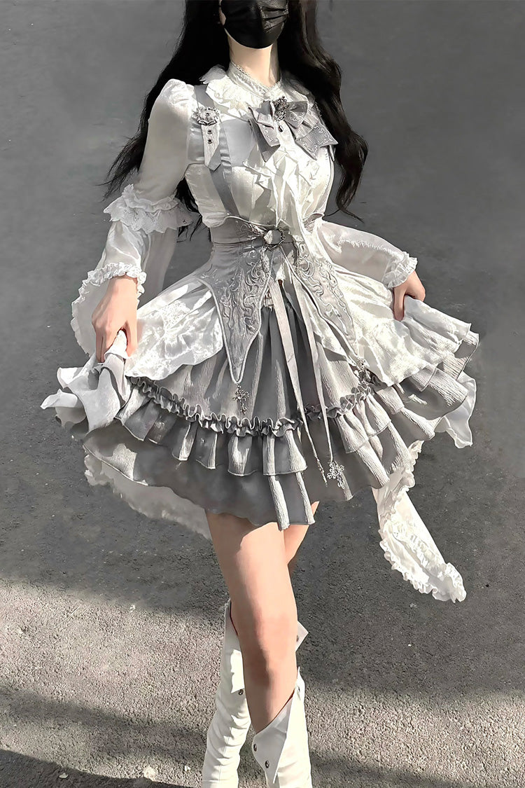 White/Silver [The Silver Key] Long Sleeves Ruffled Embroidered Open-Front Bow Gothic Lolita Skirt Set
