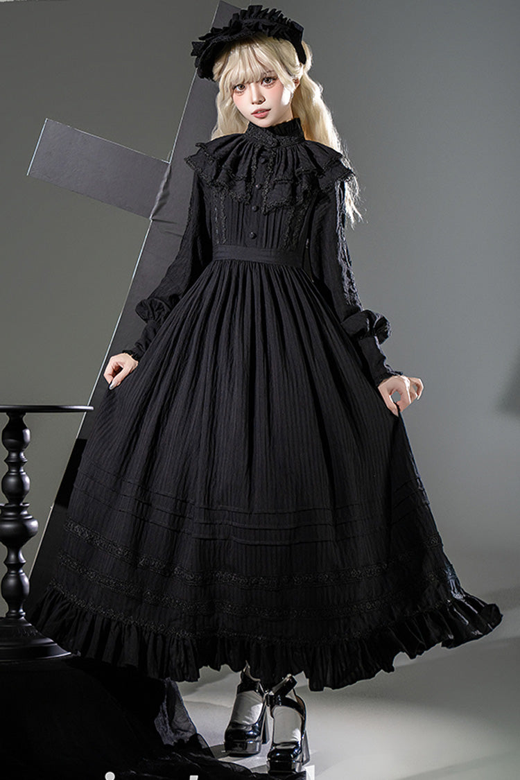 Black [Quiet Place] Long Sleeves Jacquard Ruffle Embroidery Bowknot Gothic Lolita Dress