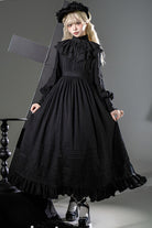 Black [Quiet Place] Long Sleeves Jacquard Ruffle Embroidery Bowknot Gothic Lolita Dress
