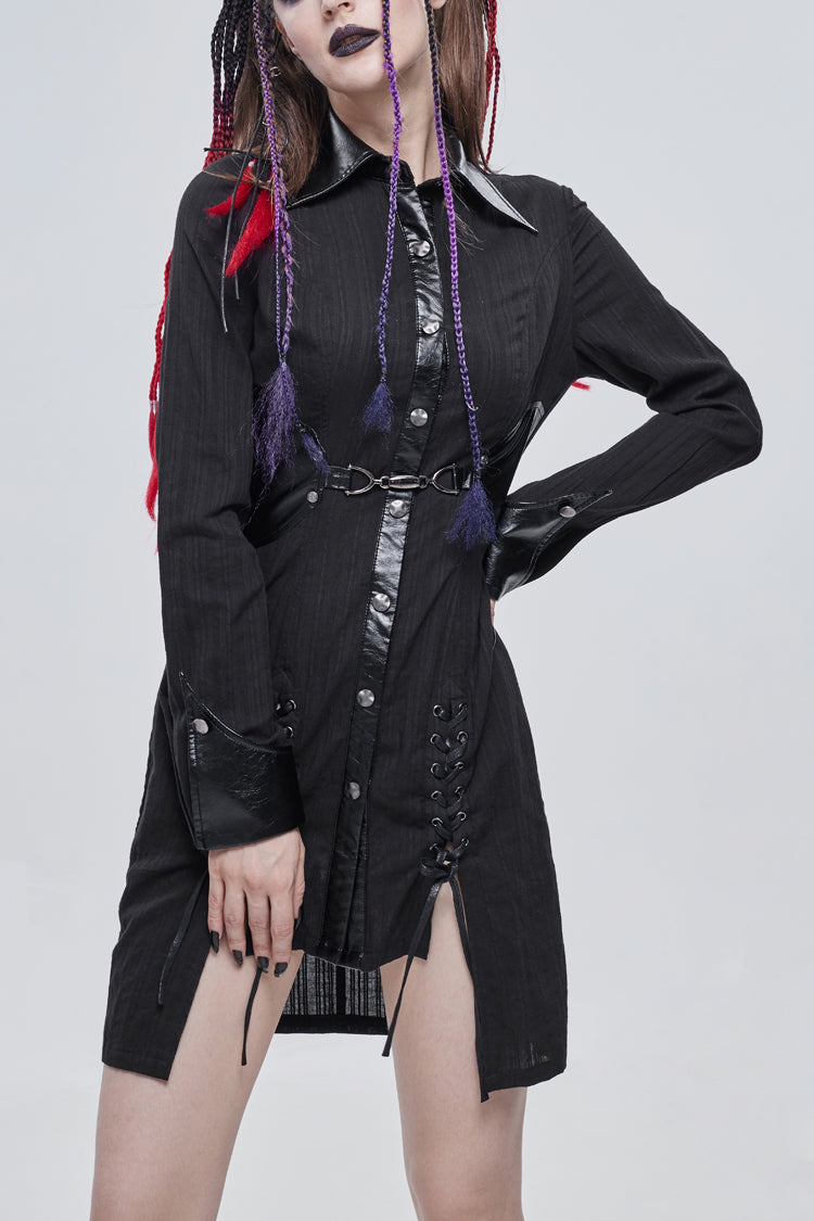 Black Vertical Suture Texture Leather Metal Buckle Design Decoration Long Women's Punk Shirt