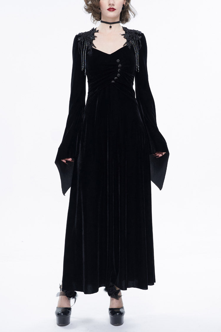 Black Embroidered Fringe Flared Sleeve Women's Gothic Dress