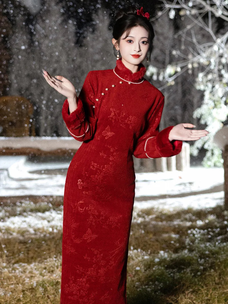 Winter red Qipao dress, elegant cheongsam Chinese New Year outfit for women