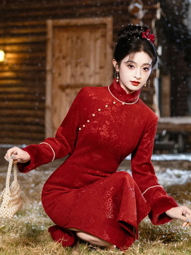 Winter red Qipao dress, elegant cheongsam Chinese New Year outfit for women