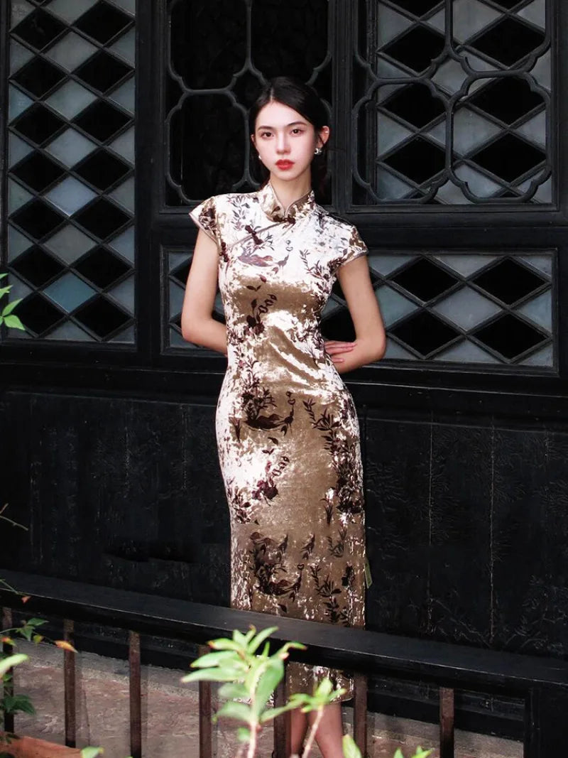 Modern gold velvet cheongsam dress for women with side slit and midi length