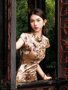 Modern gold velvet cheongsam dress for women with side slit and midi length