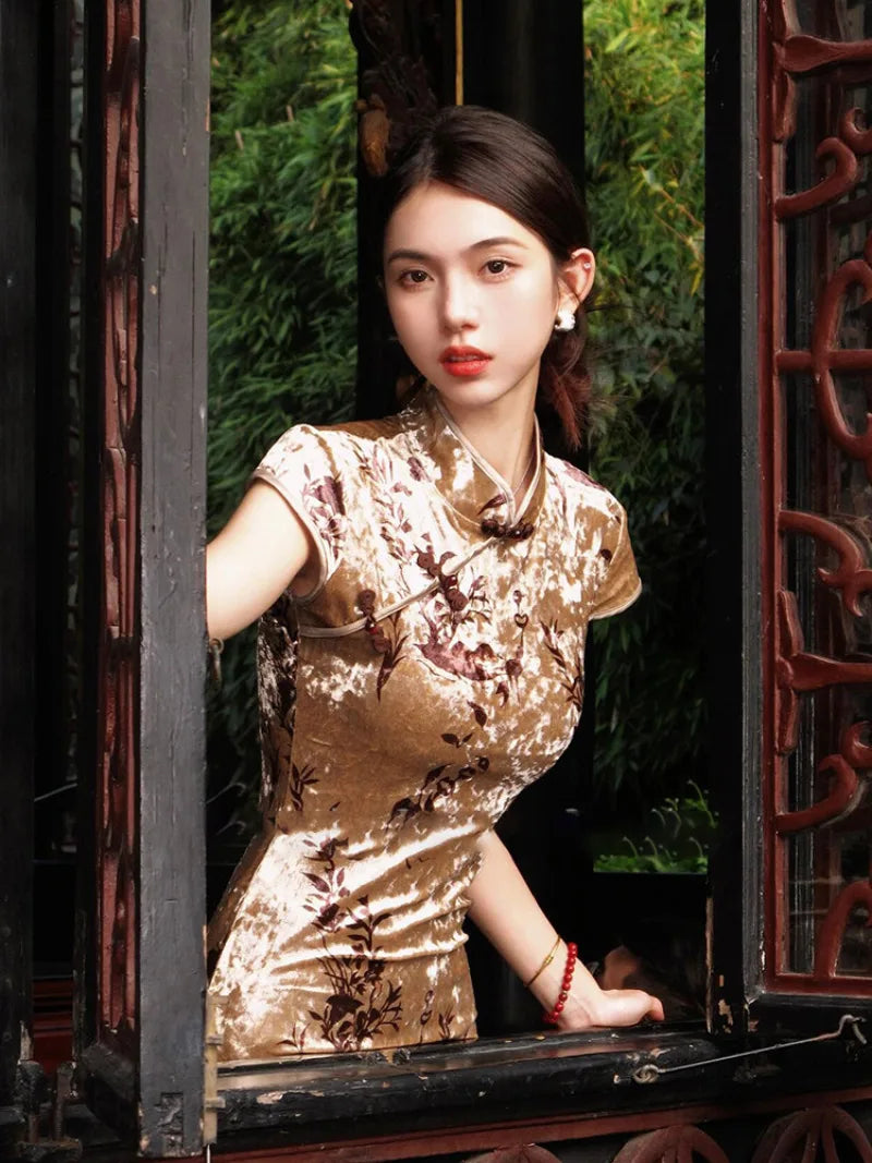Modern gold velvet cheongsam dress for women with side slit and midi length