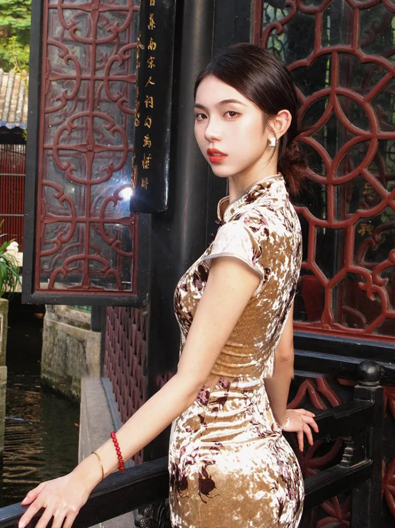 Modern gold velvet cheongsam dress for women with side slit and midi length