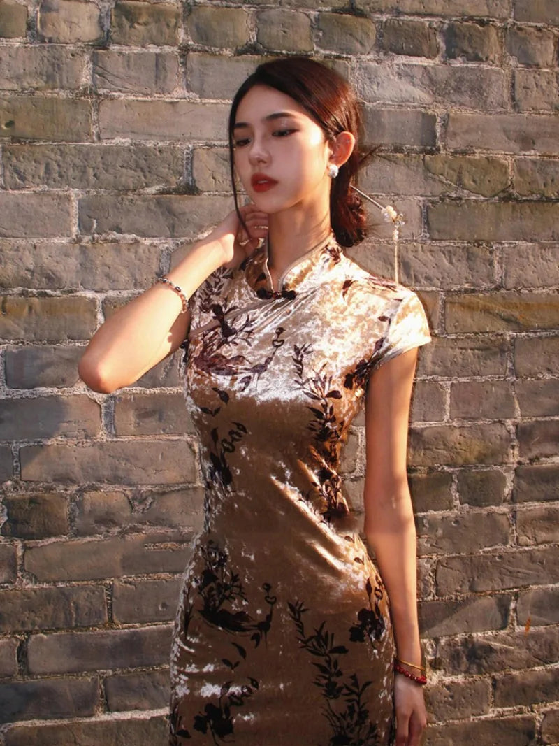 Modern gold velvet cheongsam dress for women with side slit and midi length