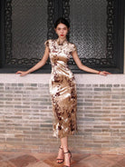 Modern gold velvet cheongsam dress for women with side slit and midi length