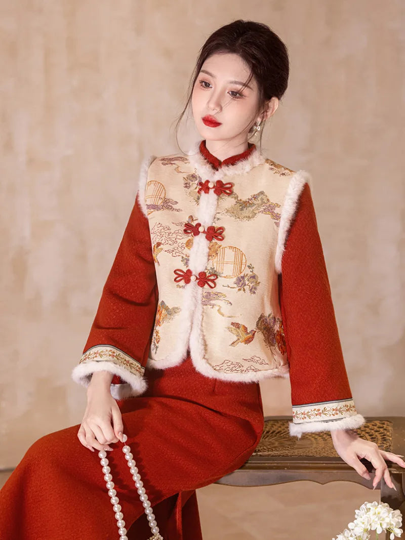 Elegant cheongsam for Chinese New Year, new-style Qipao vest dress for winter celebrations