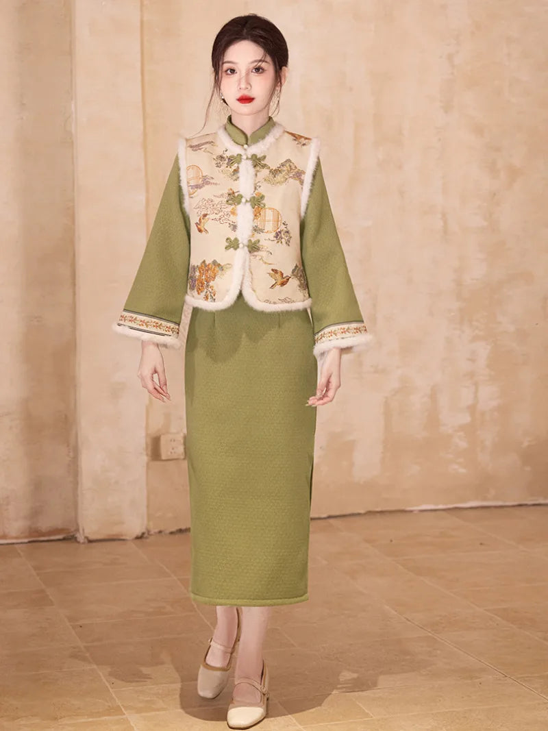 Elegant cheongsam for Chinese New Year, new-style Qipao vest dress for winter celebrations