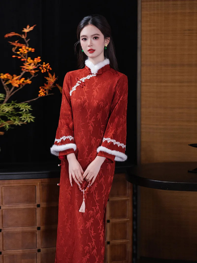 Elegant red long-sleeve cheongsam new year winter dress for festive and daily wear