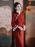 Elegant red long-sleeve cheongsam new year winter dress for festive and daily wear