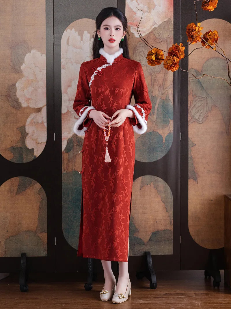 Elegant red long-sleeve cheongsam new year winter dress for festive and daily wear