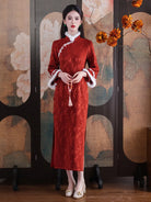 Elegant red long-sleeve cheongsam new year winter dress for festive and daily wear