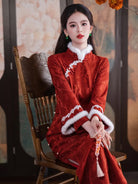 Elegant red long-sleeve cheongsam new year winter dress for festive and daily wear
