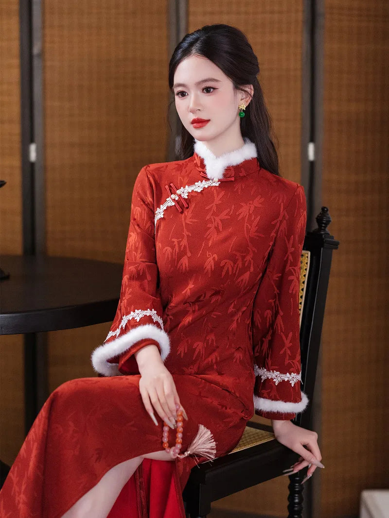 Elegant red long-sleeve cheongsam new year winter dress for festive and daily wear