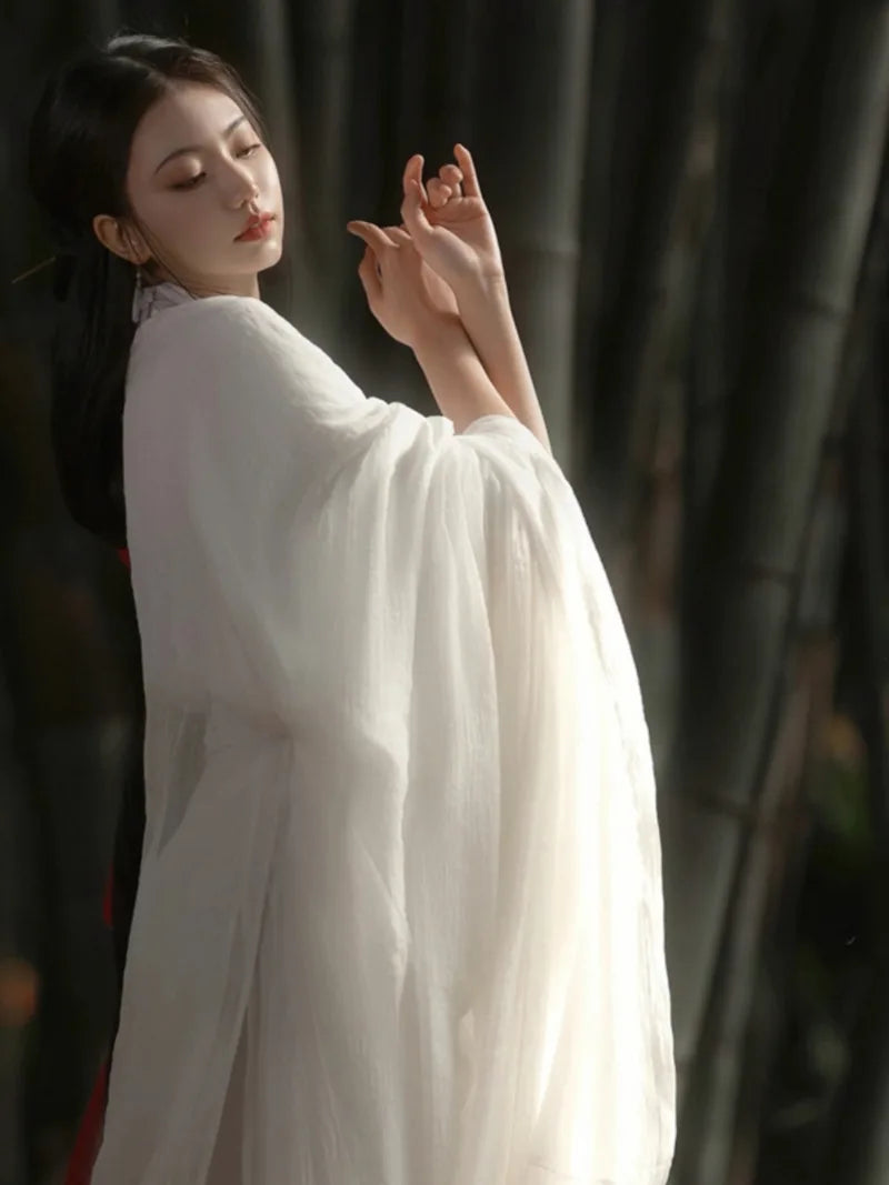Elegant china cultural clothes featuring a white Wei Jin style wide-sleeve flowing fairy Hanfu dress