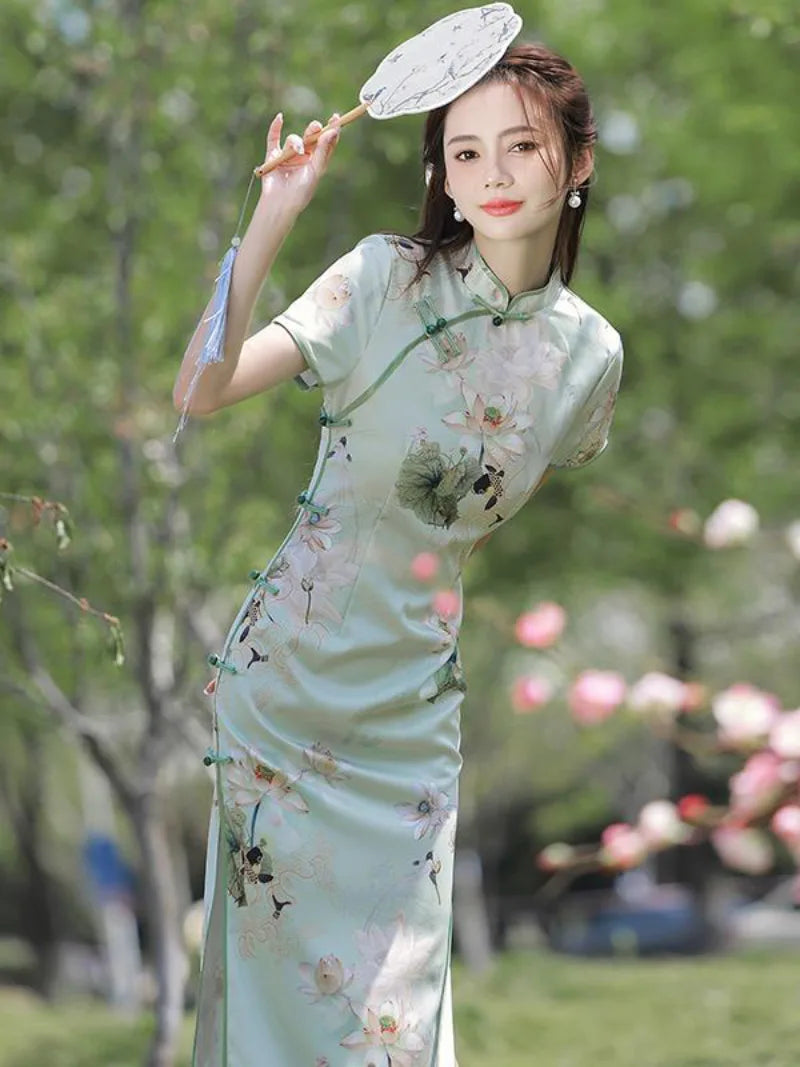 Chinese Cheongsam Qipao | Beautiful Vintage Green Long Dress
