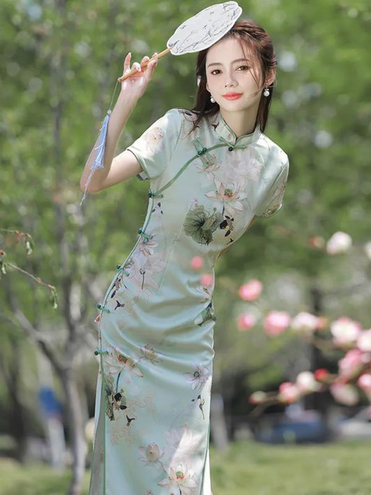 Chinese Cheongsam Qipao | Beautiful Vintage Green Long Dress