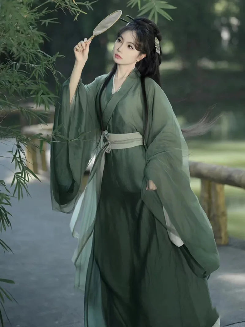 Wei Jin Chinese dress green with flowing silhouette and elegant cross-collar design