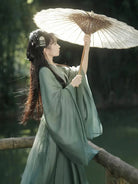 Wei Jin Chinese dress green with flowing silhouette and elegant cross-collar design
