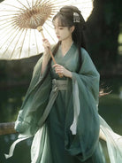 Wei Jin Chinese dress green with flowing silhouette and elegant cross-collar design
