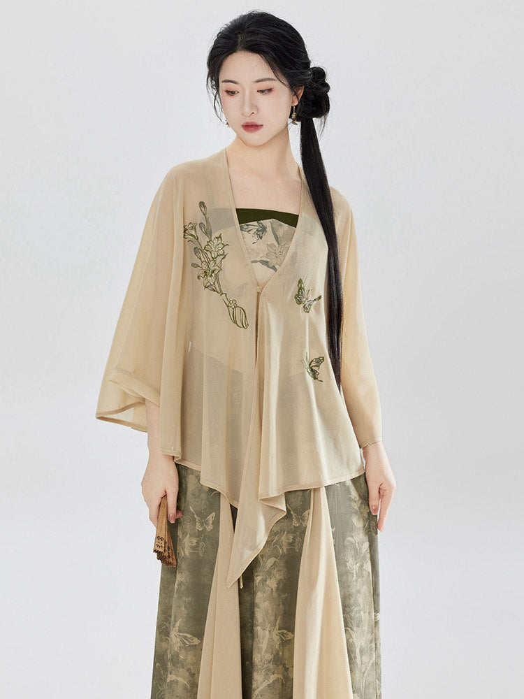 Chinese Fashion Clothes Chiffon Shawl Strap Top & Pleated Skirt Set