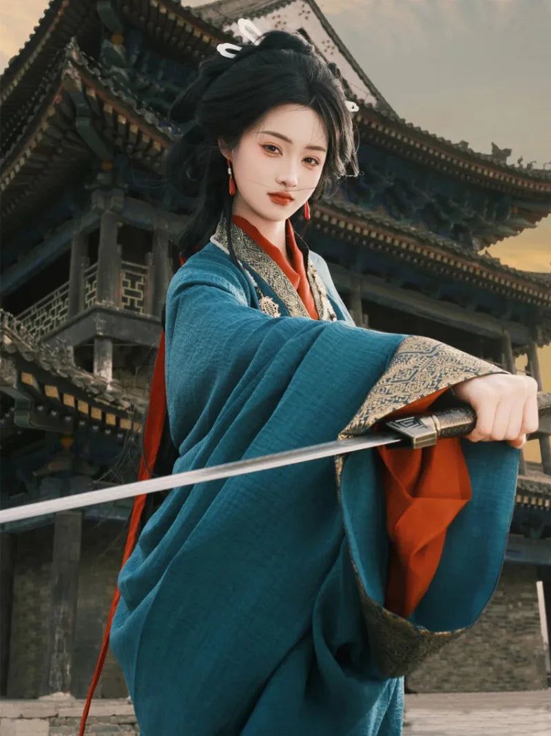 Chinese hanfu Warring States costume in red black and white with straight-cut robe