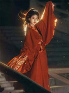 red Warring States Hanfu robe with straight hem and wide sleeves, authentic Chinese hanfu clothing inspired by Mashan Chu Tomb