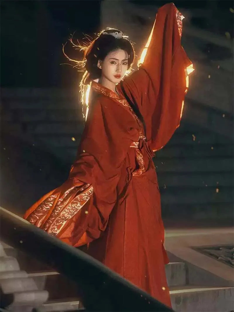 red Warring States Hanfu robe with straight hem and wide sleeves, authentic Chinese hanfu clothing inspired by Mashan Chu Tomb