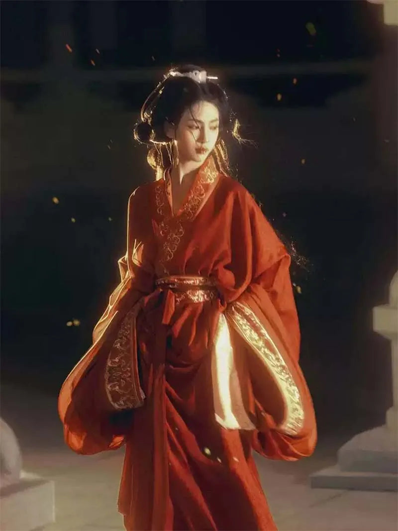 red Warring States Hanfu robe with straight hem and wide sleeves, authentic Chinese hanfu clothing inspired by Mashan Chu Tomb