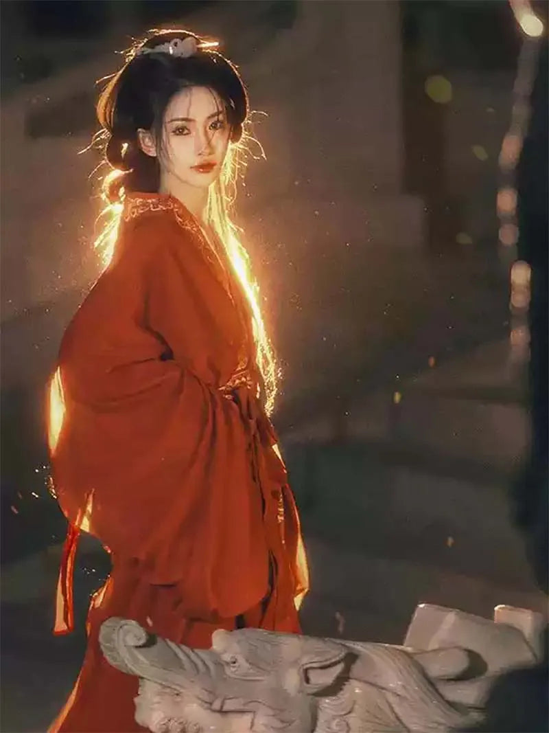 red Warring States Hanfu robe with straight hem and wide sleeves, authentic Chinese hanfu clothing inspired by Mashan Chu Tomb
