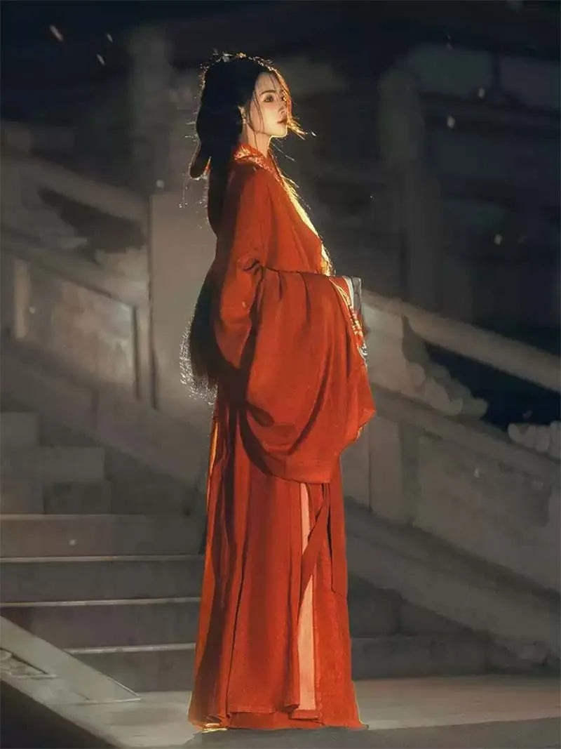 red Warring States Hanfu robe with straight hem and wide sleeves, authentic Chinese hanfu clothing inspired by Mashan Chu Tomb