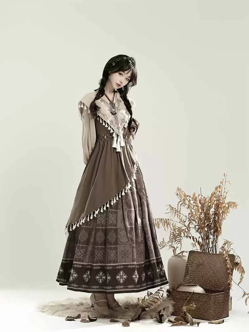 Chinese hanfu modern long-sleeve dress set in elegant new Chinese style