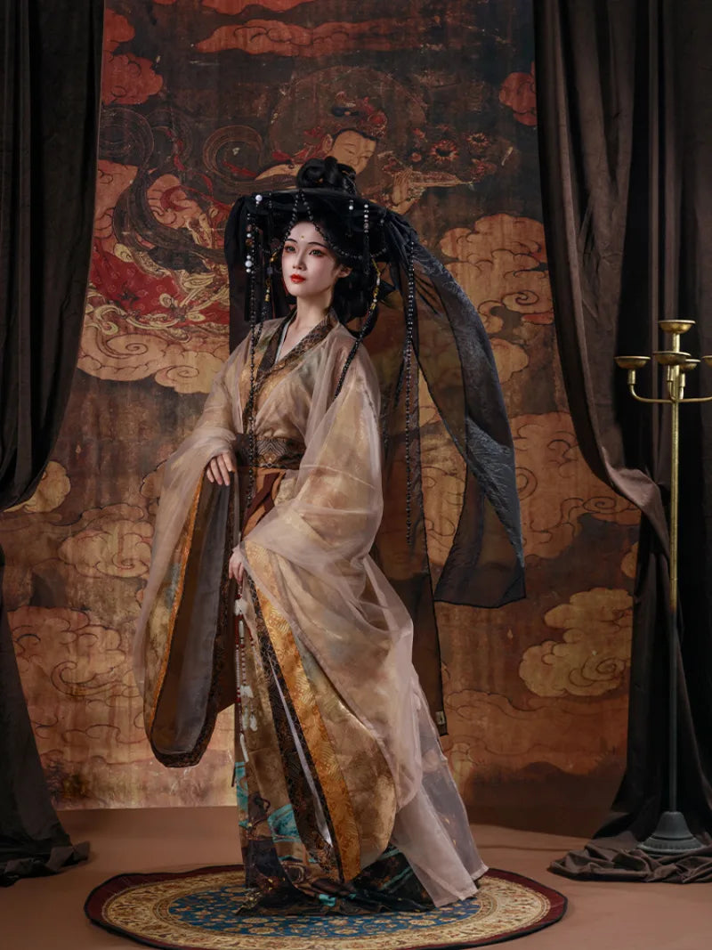 Autumn winter Chinese history clothing with wide sleeves and graceful yellow cross-collar zhiju set