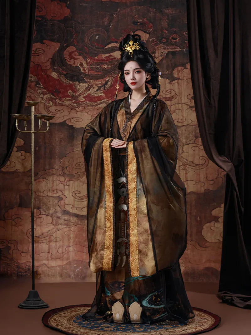 Autumn winter Chinese history clothing with wide sleeves and graceful yellow cross-collar zhiju set