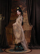 Autumn winter Chinese history clothing with wide sleeves and graceful yellow cross-collar zhiju set