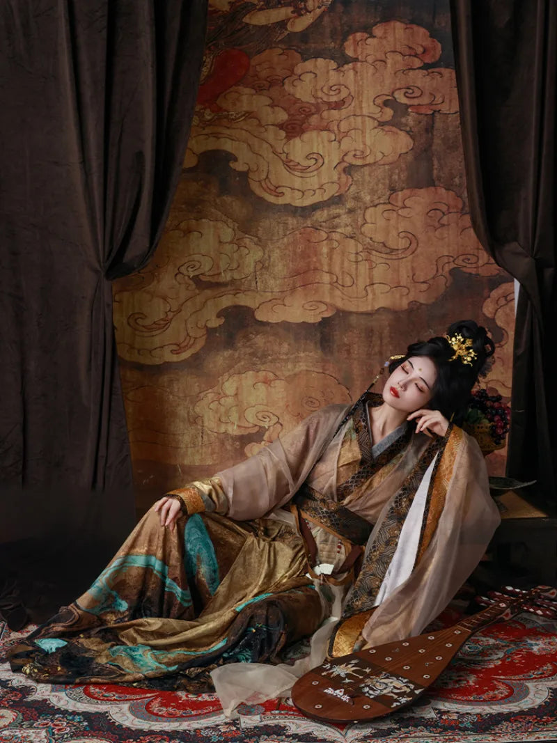 Autumn winter Chinese history clothing with wide sleeves and graceful yellow cross-collar zhiju set